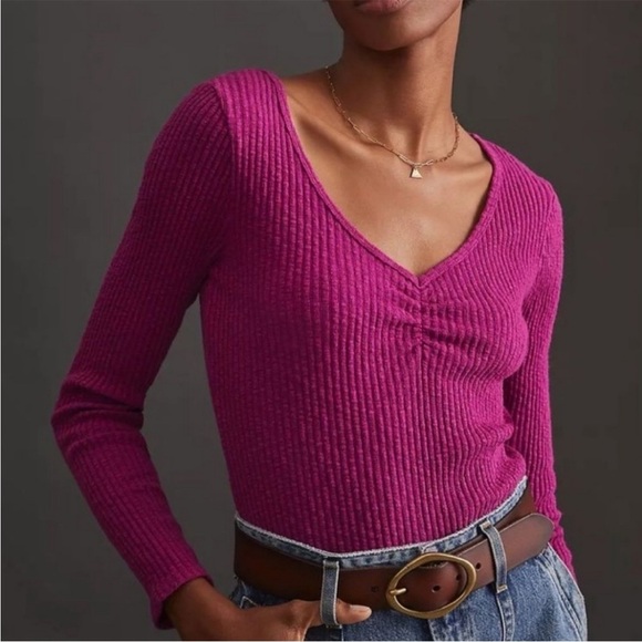Y2K Anthropologie T.La Cinched V-Neck Top Magenta Pink Textured Ribbed Knit M - Picture 2 of 10